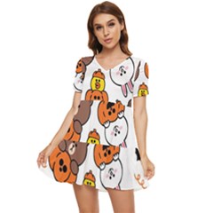 Illustration Pumpkin Bear Bat Bunny Chicken Tiered Short Sleeve Babydoll Dress by Sudhe