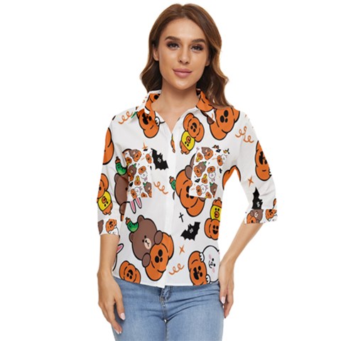 Illustration Pumpkin Bear Bat Bunny Chicken Women s Quarter Sleeve Pocket Shirt by Sudhe