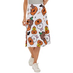 Illustration Pumpkin Bear Bat Bunny Chicken Midi Panel Skirt by Sudhe