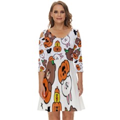 Illustration Pumpkin Bear Bat Bunny Chicken Shoulder Cut Out Zip Up Dress by Sudhe