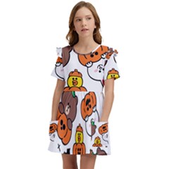 Illustration Pumpkin Bear Bat Bunny Chicken Kids  Frilly Sleeves Pocket Dress