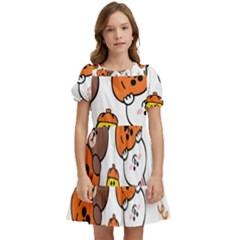 Illustration Pumpkin Bear Bat Bunny Chicken Kids  Puff Sleeved Dress by Sudhe