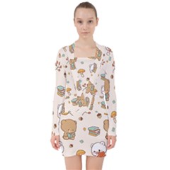 Illustration Bear Cartoon Background Pattern V-neck Bodycon Long Sleeve Dress by Sudhe