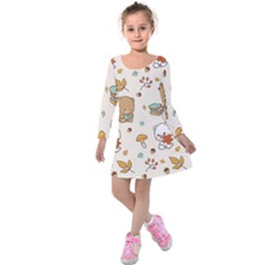 Illustration Bear Cartoon Background Pattern Kids  Long Sleeve Velvet Dress