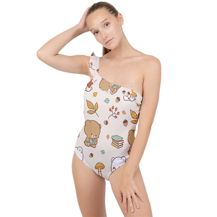 Illustration Bear Cartoon Background Pattern Frilly One Shoulder Swimsuit