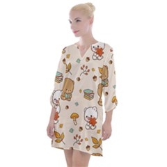 Illustration Bear Cartoon Background Pattern Open Neck Shift Dress by Sudhe