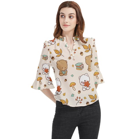 Illustration Bear Cartoon Background Pattern Loose Horn Sleeve Chiffon Blouse by Sudhe