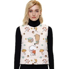 Illustration Bear Cartoon Background Pattern Women s Short Button Up Puffer Vest