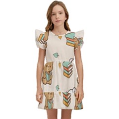 Illustration Bear Cartoon Background Pattern Kids  Winged Sleeve Dress by Sudhe