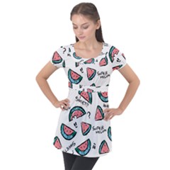 Illustration Watermelon Fruit Sweet Slicee Puff Sleeve Tunic Top by Sudhe