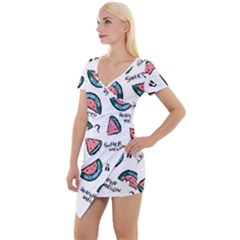 Illustration Watermelon Fruit Sweet Slicee Short Sleeve Asymmetric Mini Dress by Sudhe