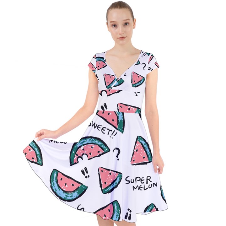 Illustration Watermelon Fruit Sweet Slicee Cap Sleeve Front Wrap Midi Dress