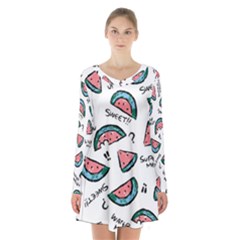 Illustration Watermelon Fruit Sweet Slicee Long Sleeve Velvet V-neck Dress