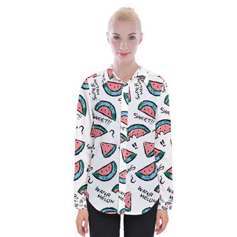 Illustration Watermelon Fruit Sweet Slicee Womens Long Sleeve Shirt by Sudhe