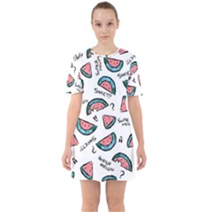 Illustration Watermelon Fruit Sweet Slicee Sixties Short Sleeve Mini Dress by Sudhe