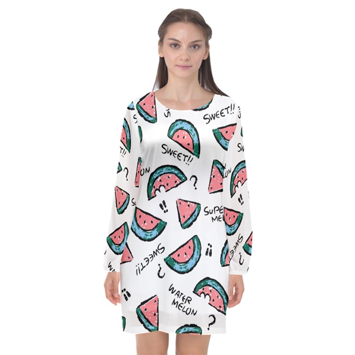 Illustration Watermelon Fruit Sweet Slicee Long Sleeve Chiffon Shift Dress 