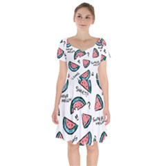 Illustration Watermelon Fruit Sweet Slicee Short Sleeve Bardot Dress by Sudhe