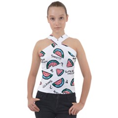 Illustration Watermelon Fruit Sweet Slicee Cross Neck Velour Top by Sudhe