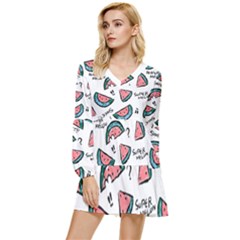 Illustration Watermelon Fruit Sweet Slicee Tiered Long Sleeve Mini Dress by Sudhe