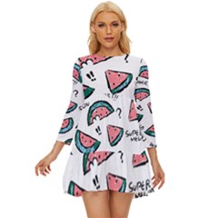 Illustration Watermelon Fruit Sweet Slicee Long Sleeve Babydoll Dress by Sudhe