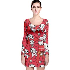 Rabbit Background Cartoon Long Sleeve Velvet Bodycon Dress