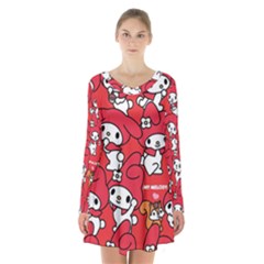 Rabbit Background Cartoon Long Sleeve Velvet V-neck Dress