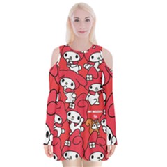 Rabbit Background Cartoon Velvet Long Sleeve Shoulder Cutout Dress