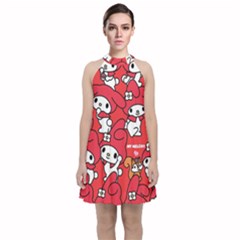 Rabbit Background Cartoon Velvet Halter Neckline Dress 