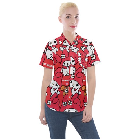 Rabbit Background Cartoon Women s Short Sleeve Pocket Shirt by Sudhe