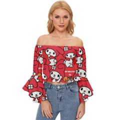 Rabbit Background Cartoon Off Shoulder Flutter Bell Sleeve Top