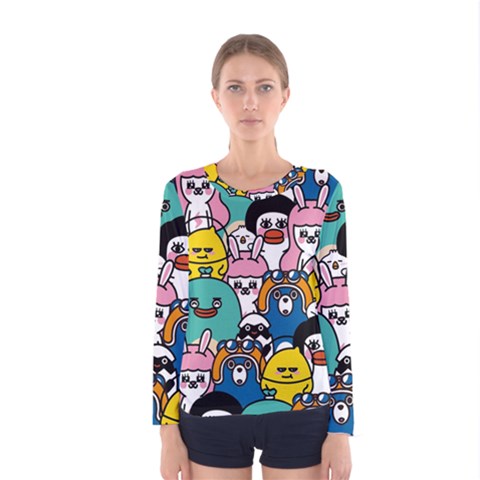 Illustration Animals Cartoon Background Pattern Women s Long Sleeve Tee by Sudhe