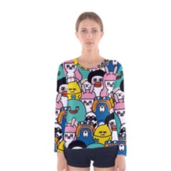 Illustration Animals Cartoon Background Pattern Women s Long Sleeve Tee