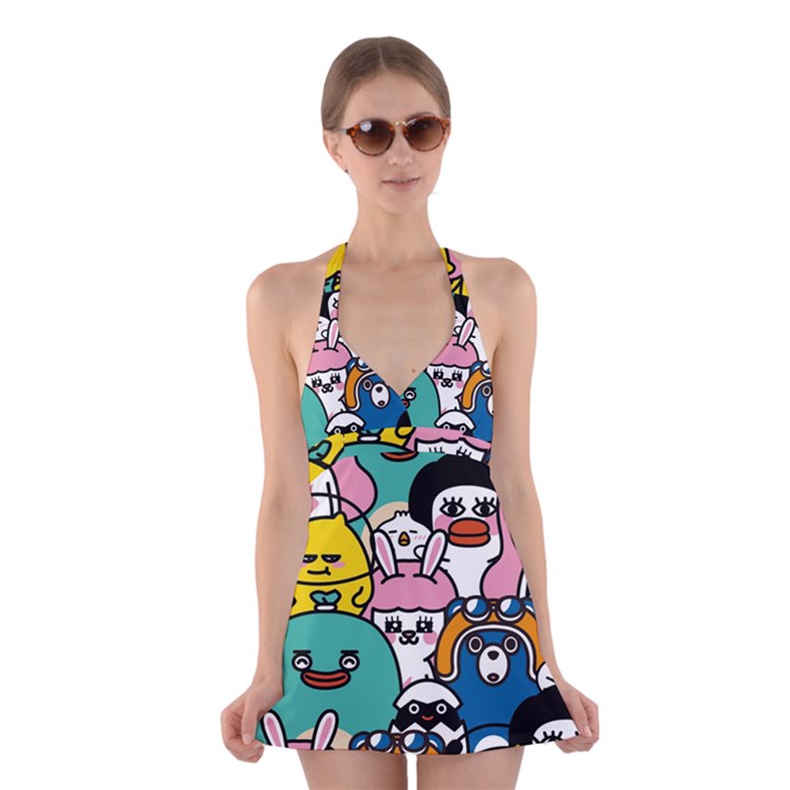 Illustration Animals Cartoon Background Pattern Halter Dress Swimsuit 