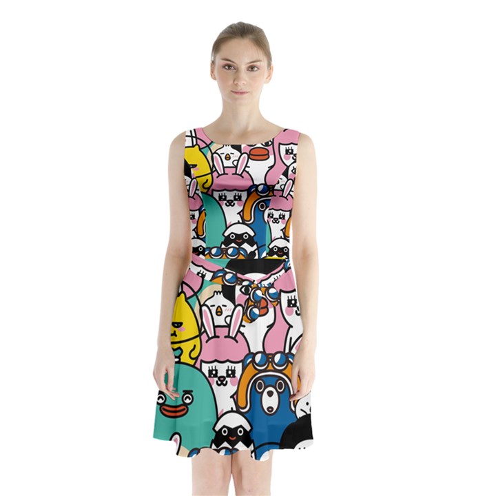 Illustration Animals Cartoon Background Pattern Sleeveless Waist Tie Chiffon Dress