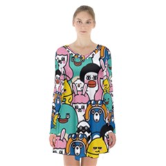 Illustration Animals Cartoon Background Pattern Long Sleeve Velvet V-neck Dress