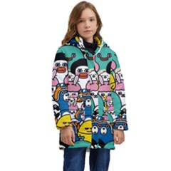 Illustration Animals Cartoon Background Pattern Kid s Hooded Longline Puffer Jacket by Sudhe