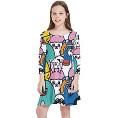 Illustration Animals Cartoon Background Pattern Kids  Quarter Sleeve Skater Dress by Sudhe