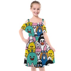 Illustration Animals Cartoon Background Pattern Kids  Cut Out Shoulders Chiffon Dress by Sudhe