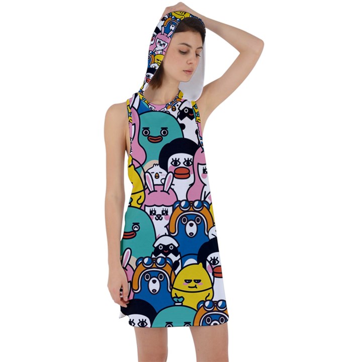 Illustration Animals Cartoon Background Pattern Racer Back Hoodie Dress