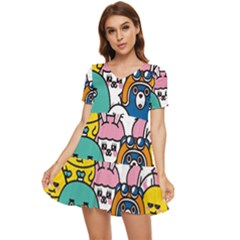 Illustration Animals Cartoon Background Pattern Tiered Short Sleeve Babydoll Dress by Sudhe