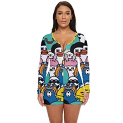 Illustration Animals Cartoon Background Pattern Long Sleeve Boyleg Swimsuit by Sudhe