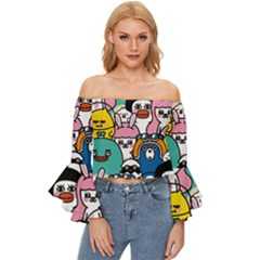 Illustration Animals Cartoon Background Pattern Off Shoulder Flutter Bell Sleeve Top