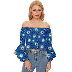 Illustration Duck Cartoon Background Off Shoulder Flutter Bell Sleeve Top