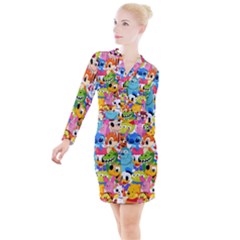 Illustration Cartoon Character Animal Cute Button Long Sleeve Dress by Sudhe