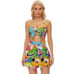 Illustration Cartoon Character Animal Cute Vintage Style Bikini Top And Skirt Set  by Sudhe