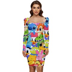 Illustration Cartoon Character Animal Cute Women Long Sleeve Ruched Stretch Jersey Dress by Sudhe