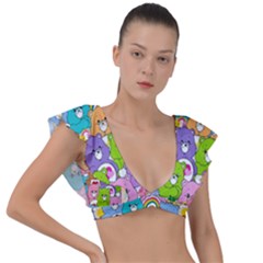 Care Bears Bear Background Cartoon Plunge Frill Sleeve Bikini Top by Sudhe