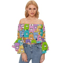 Care Bears Bear Background Cartoon Off Shoulder Flutter Bell Sleeve Top