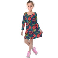 Leaves Pattern Wallpaper Seamless Kids  Long Sleeve Velvet Dress