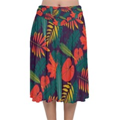 Leaves Pattern Wallpaper Seamless Velvet Flared Midi Skirt